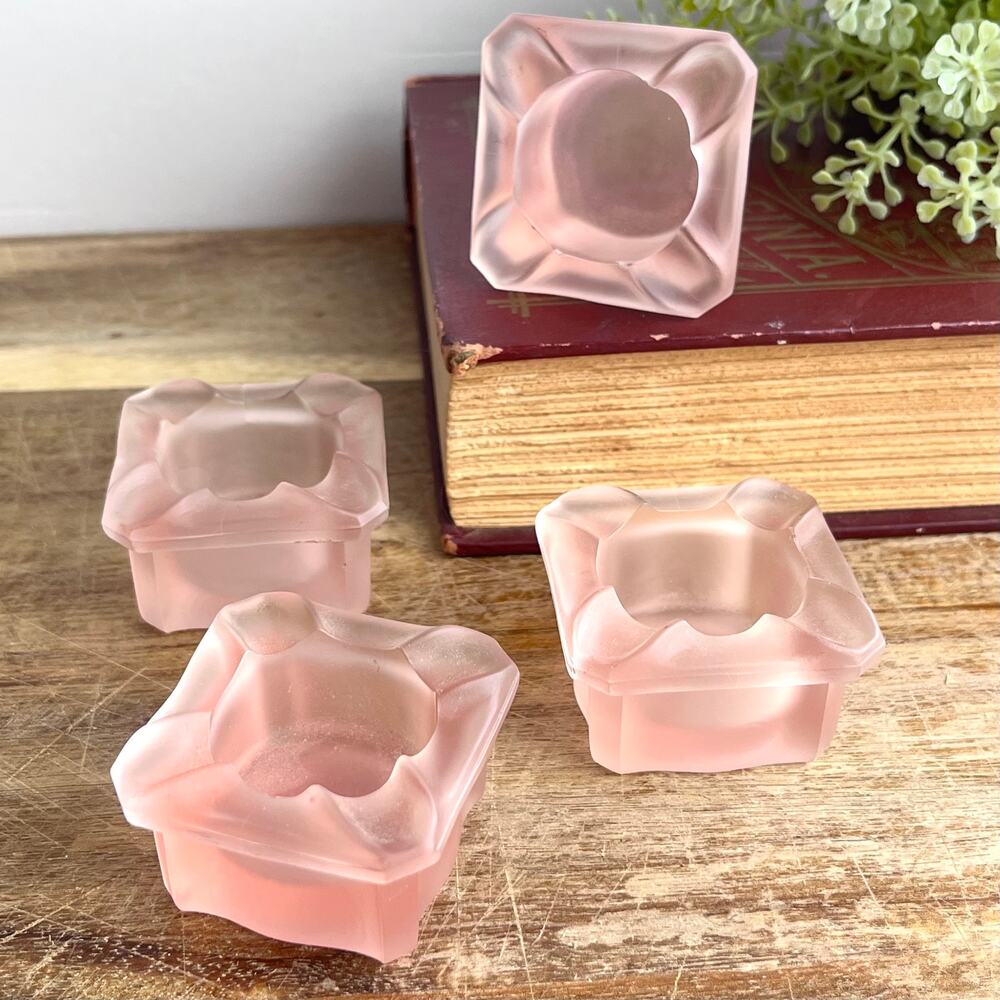 (4) Vintage Pink Satin Frosted Glass Miniature Ashtray Salt Cellar Candle Holder